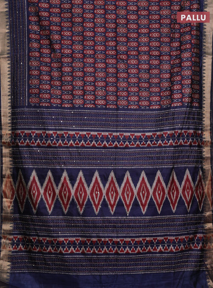 Navy Blue & Maroon Semi Tussar Saree - Kantha Work