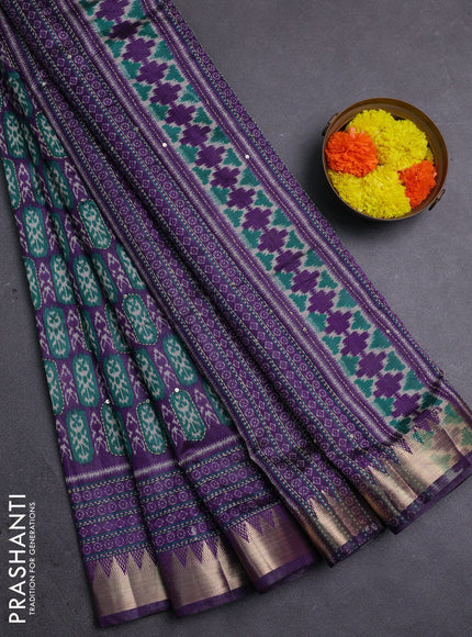 Purple & Green Semi Tussar Saree - Kantha Work