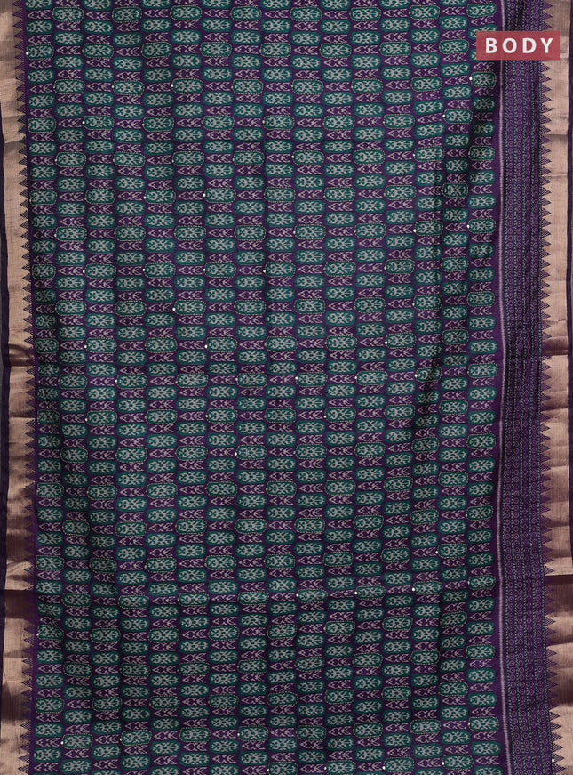 Purple & Green Semi Tussar Saree - Kantha Work