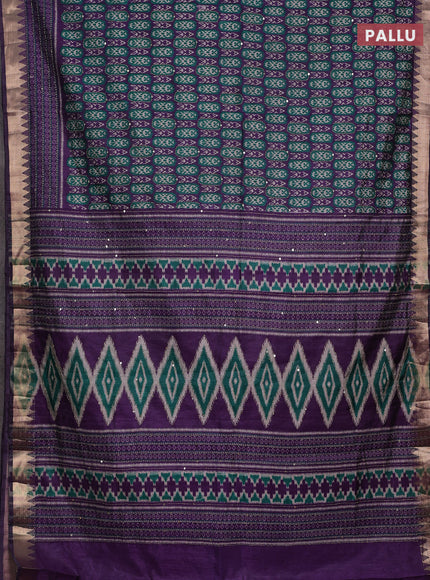 Purple & Green Semi Tussar Saree - Kantha Work