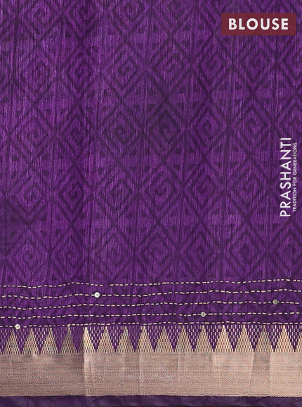 Purple & Green Semi Tussar Saree - Kantha Work