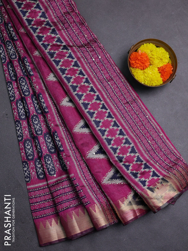 Pink & Navy Blue Semi Tussar Saree - Kantha Work