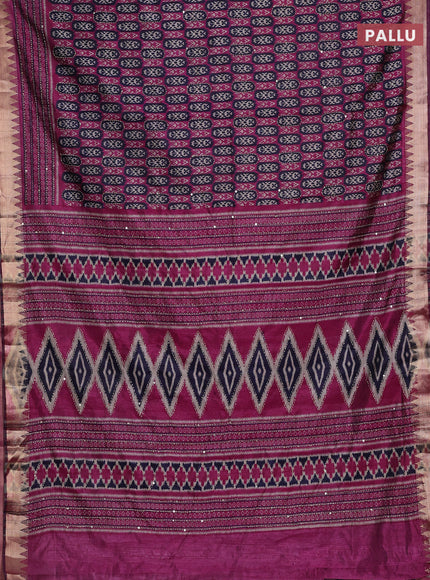 Pink & Navy Blue Semi Tussar Saree - Kantha Work