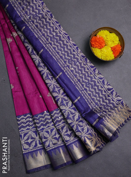 Magenta Pink & Navy Blue Semi Tussar Saree - Kantha Work