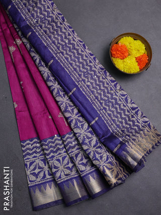 Magenta Pink & Navy Blue Semi Tussar Saree - Kantha Work
