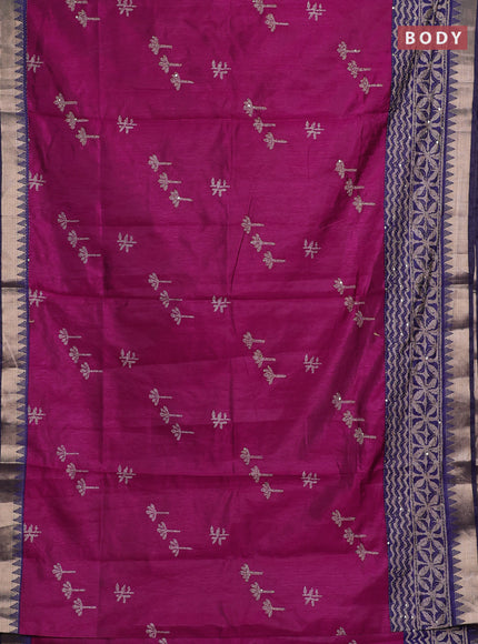 Magenta Pink & Navy Blue Semi Tussar Saree - Kantha Work
