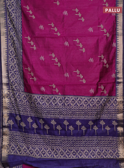 Magenta Pink & Navy Blue Semi Tussar Saree - Kantha Work