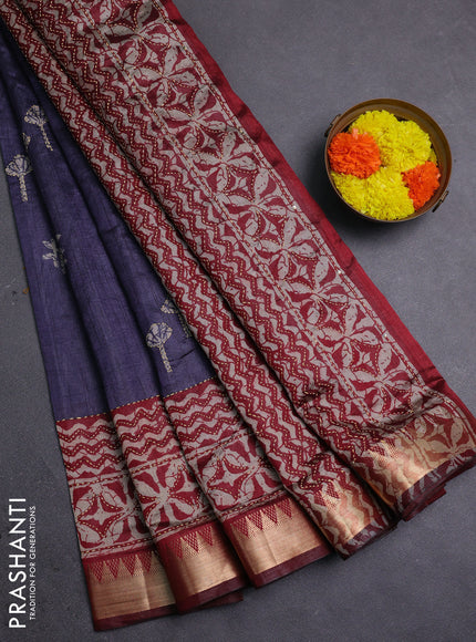 Navy Blue & Maroon Semi Tussar Saree - Kantha Work