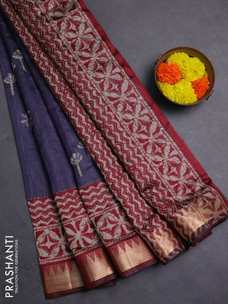Navy Blue & Maroon Semi Tussar Saree - Kantha Work