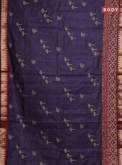 Navy Blue & Maroon Semi Tussar Saree - Kantha Work