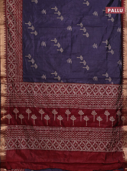 Navy Blue & Maroon Semi Tussar Saree - Kantha Work