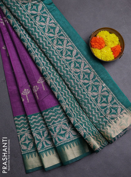 Purple & Green Semi Tussar Saree - Kantha Work