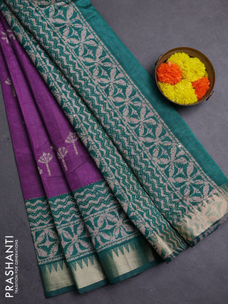 Purple & Green Semi Tussar Saree - Kantha Work