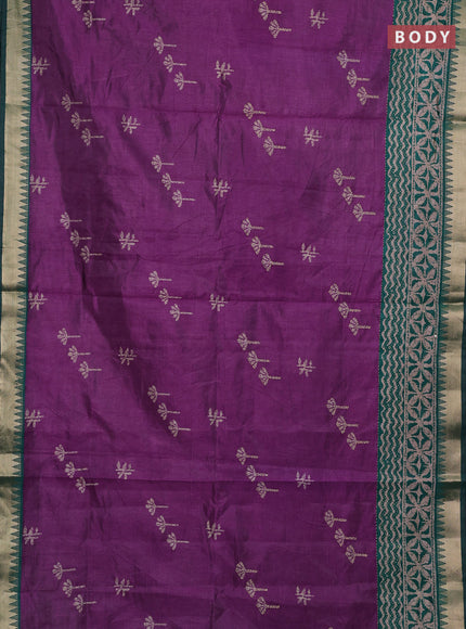 Purple & Green Semi Tussar Saree - Kantha Work