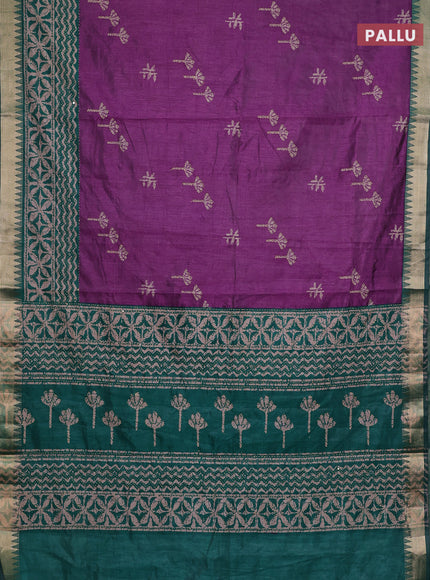 Purple & Green Semi Tussar Saree - Kantha Work