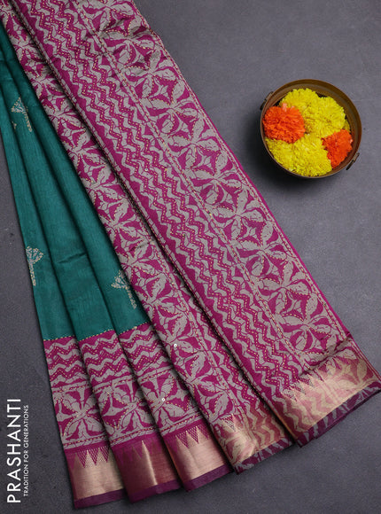 Green & Magenta Pink Semi Tussar Saree - Kantha Work