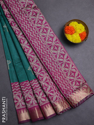 Green & Magenta Pink Semi Tussar Saree - Kantha Work