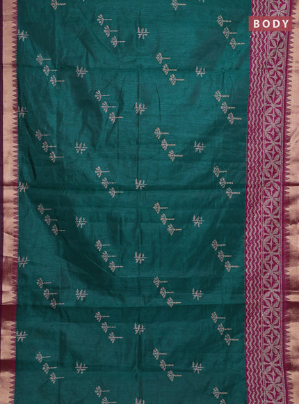Green & Magenta Pink Semi Tussar Saree - Kantha Work