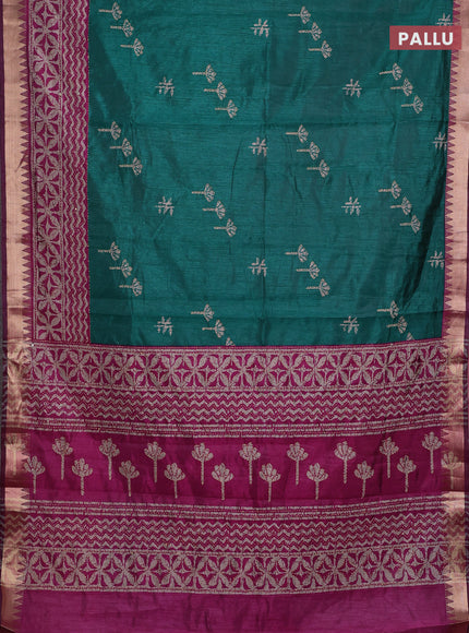 Green & Magenta Pink Semi Tussar Saree - Kantha Work