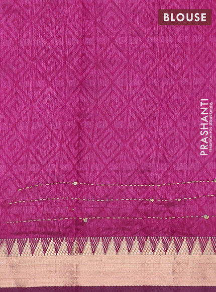 Green & Magenta Pink Semi Tussar Saree - Kantha Work