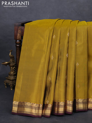 Mustard Green & Coffee Brown Kanchipuram Silk - Buttas