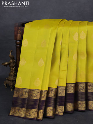 Lime Green & Coffee Brown Kanchipuram Silk - Buttas