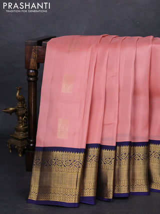Peach  & Navy Blue Kanchipuram Silk - Buttas