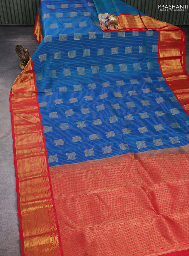 Teal Blue & Red Kanchipuram Silk - Buttas