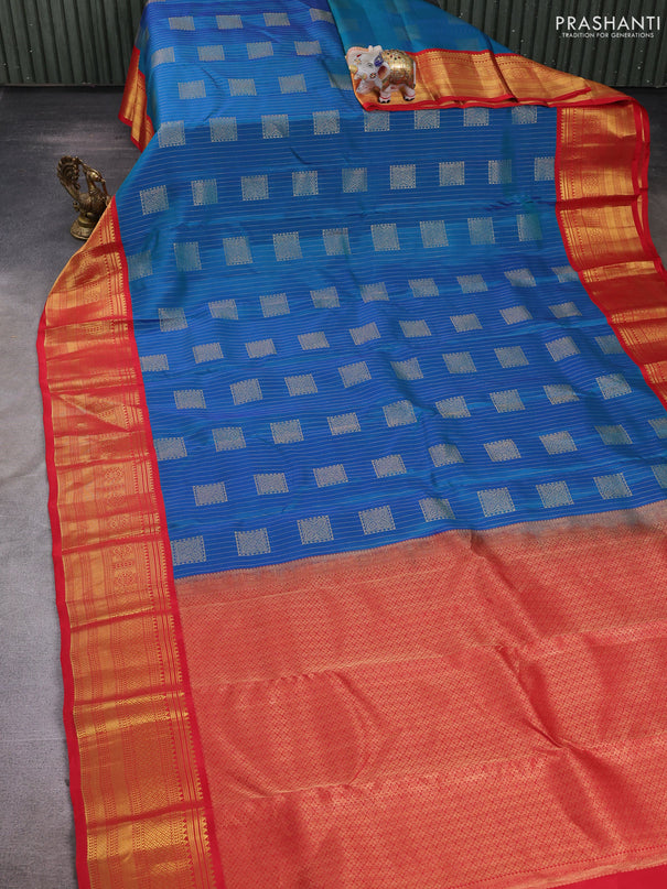 Teal Blue & Red Kanchipuram Silk - Buttas