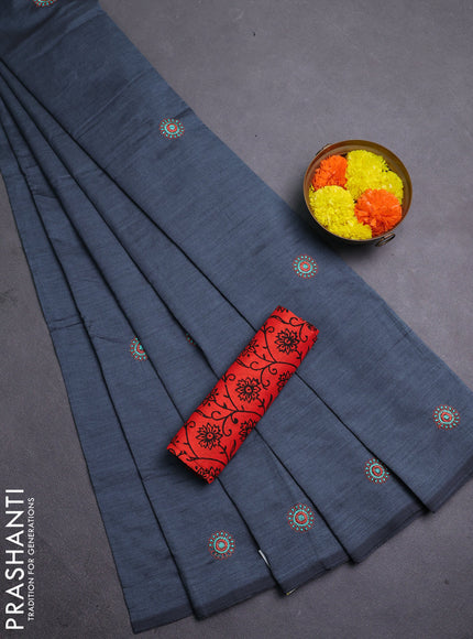 Grey & Orange Semi Silk Cotton Saree - Embroidery
