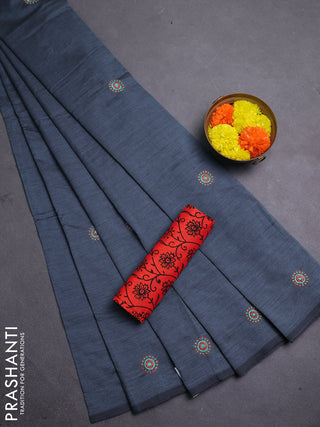 Grey & Orange Semi Silk Cotton Saree - Embroidery