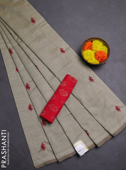 Beige & Red Semi Silk Cotton Saree - Embroidery