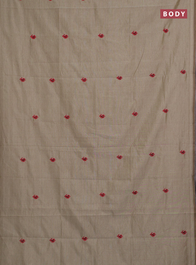 Beige & Red Semi Silk Cotton Saree - Embroidery
