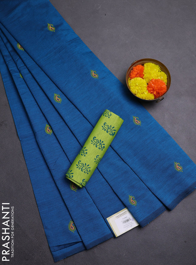 Peacock Blue & Green Semi Silk Cotton Saree - Embroidery