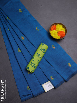 Peacock Blue & Green Semi Silk Cotton Saree - Embroidery
