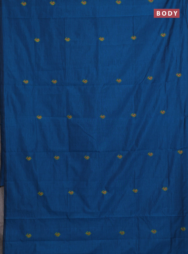Peacock Blue & Green Semi Silk Cotton Saree - Embroidery