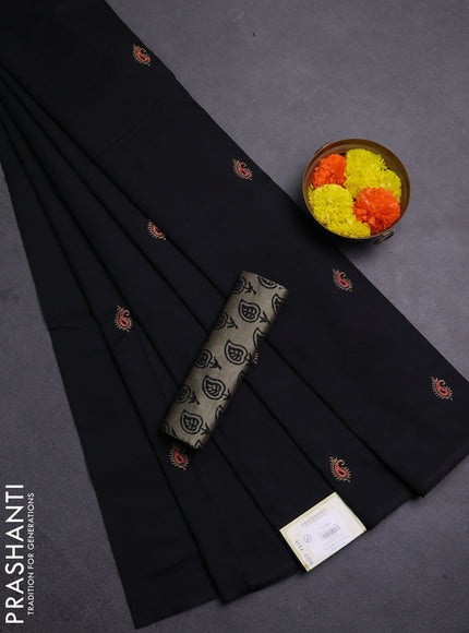 Black & Beige Semi Silk Cotton Saree - Embroidery