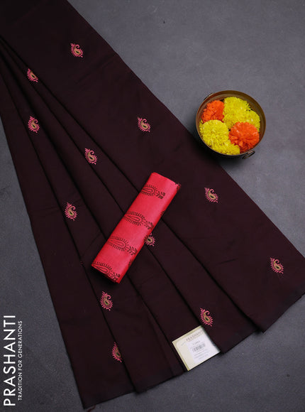 Coffee Brown & Candy Pink Semi Silk Cotton Saree - Embroidery