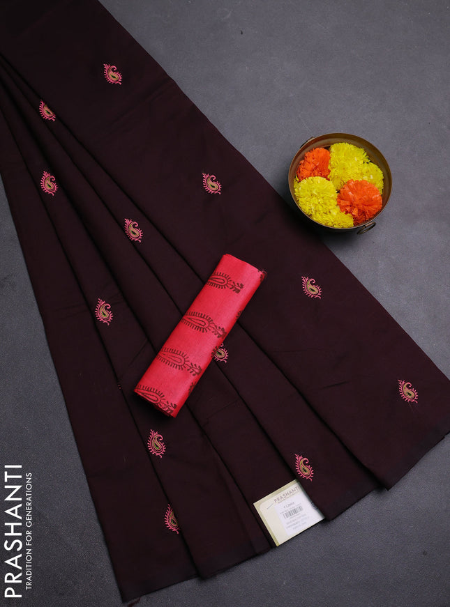 Coffee Brown & Candy Pink Semi Silk Cotton Saree - Embroidery