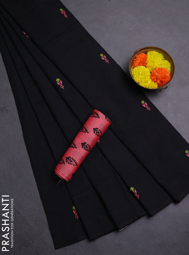 Black & Peach Semi Silk Cotton Saree - Embroidery