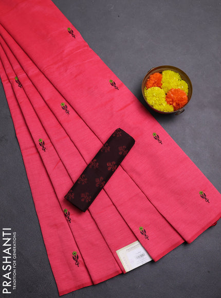 Pink & Coffee Brown Semi Silk Cotton Saree - Embroidery