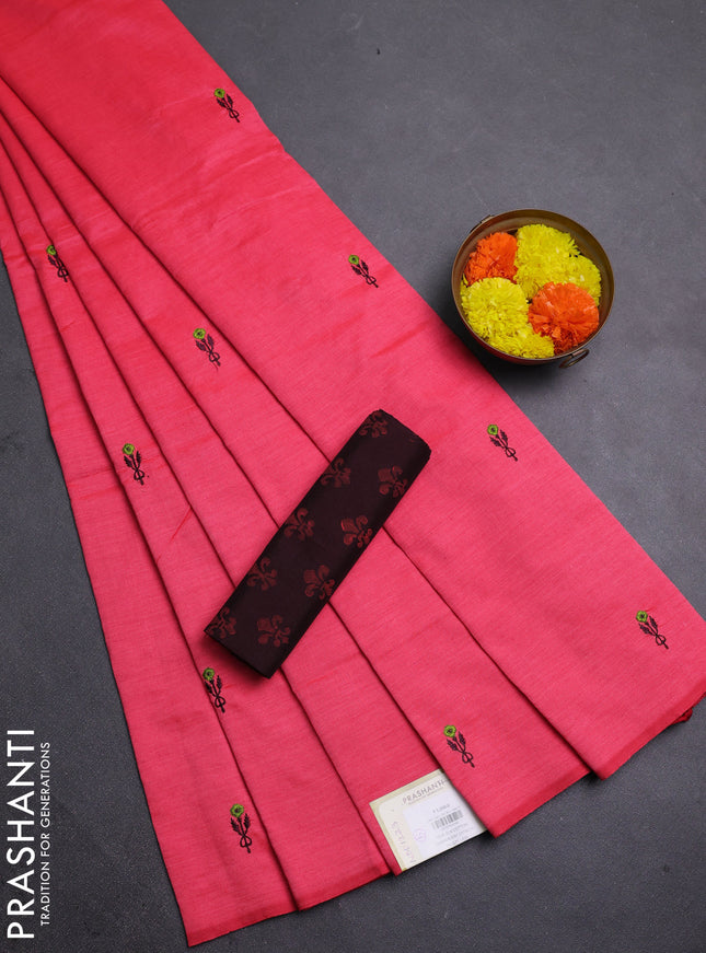 Pink & Coffee Brown Semi Silk Cotton Saree - Embroidery