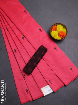 Pink & Coffee Brown Semi Silk Cotton Saree - Embroidery