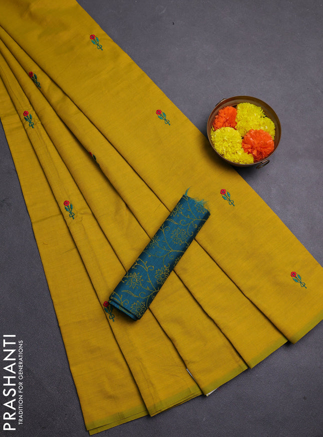 Mustard Yellow & Teal Green Semi Silk Cotton Saree - Embroidery