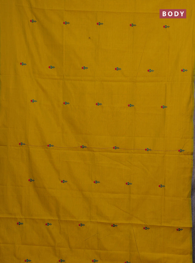 Mustard Yellow & Teal Green Semi Silk Cotton Saree - Embroidery