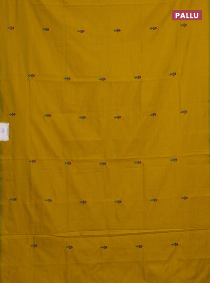 Mustard Yellow & Teal Green Semi Silk Cotton Saree - Embroidery