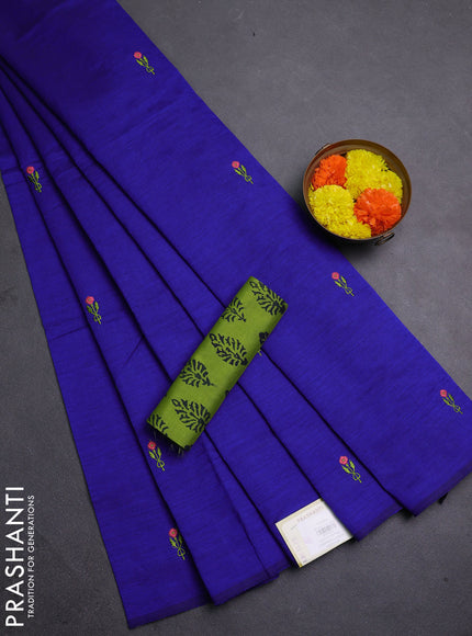 Blue & Green Semi Silk Cotton Saree - Embroidery