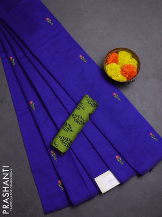 Blue & Green Semi Silk Cotton Saree - Embroidery