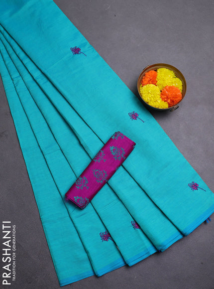 Teal Blue & Magenta Pink Semi Silk Cotton Saree - Embroidery