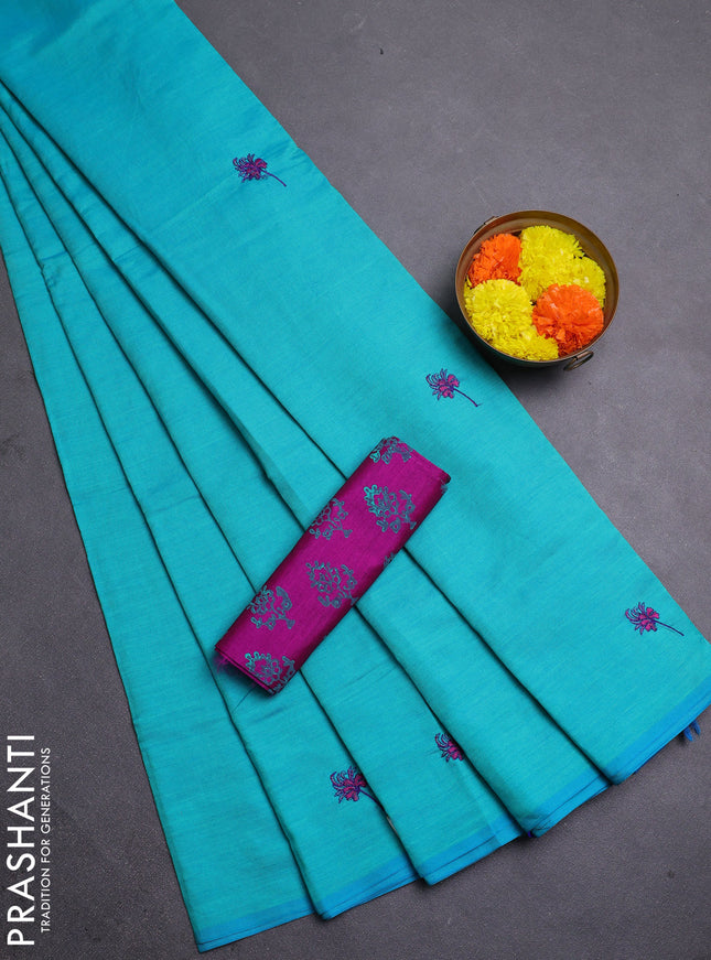Teal Blue & Magenta Pink Semi Silk Cotton Saree - Embroidery